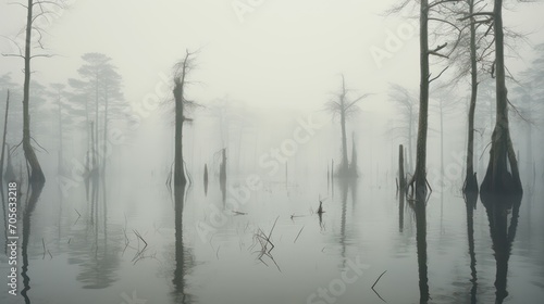 Monochrome misty swamp in the moody forest. Generative AI
