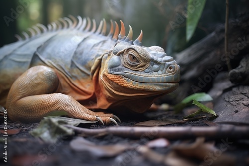 iguana resting on a jungle floor