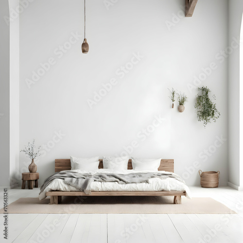 a bed sitting on top of a wooden floor next to a window, in a white boho style studio, wood furnishings.