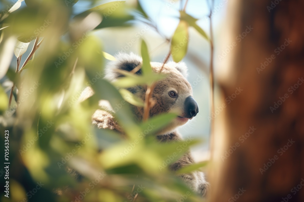 Obraz premium eucalyptus tree with koala peering from behind