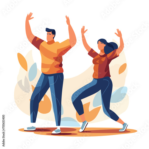 Young man and woman dancing joyfully together, happy couple with casual wear performing a dance. Energetic dance moves, joyful youth vector illustration