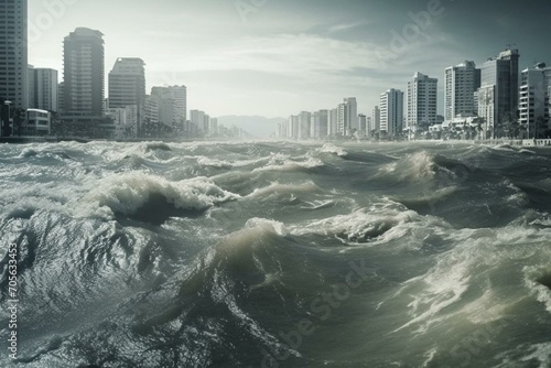 City flooding caused by a tsunami tidal wave, symbolizing climate change and global warming. Generative AI photo