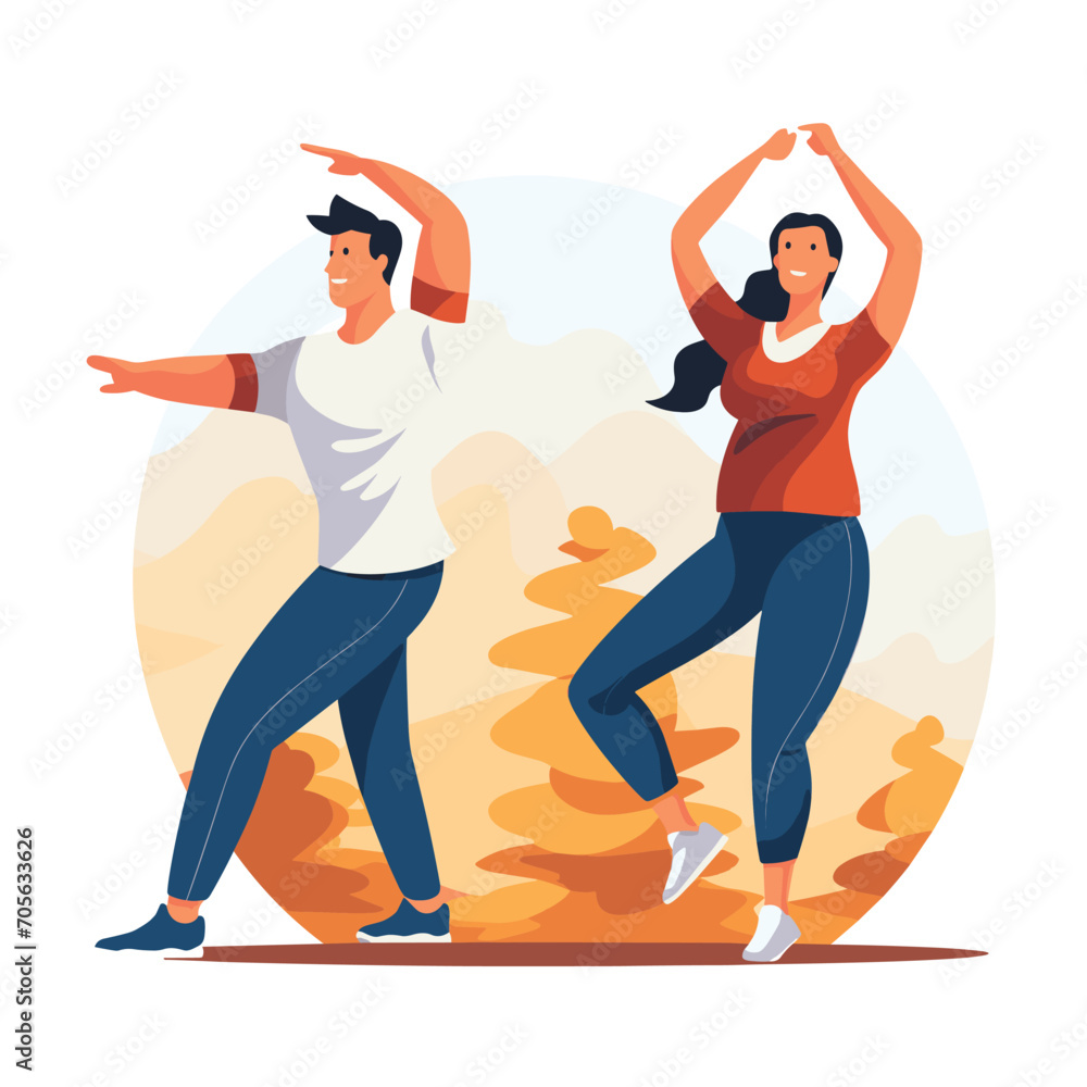 Man and woman exercising in autumn park, engaging in fitness routine with energetic movements. Joyful workout and health lifestyle vector illustration. Man and woman exercising in autumn park, engaging in fitness routine with energetic movements. Joyful workout and health lifestyle vector illustration.