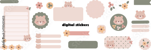 Blank digital stickers with cute teddy bear. Digital note papers and stickers for bullet journaling or planning. Digital planner stickers. Vector art.