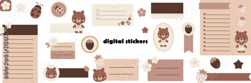 Blank digital stickers with cute teddy bear. Digital note papers and stickers for bullet journaling or planning. Digital planner stickers. Vector art.