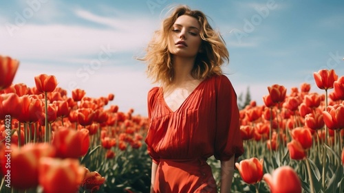 woman in tulip field #705634023