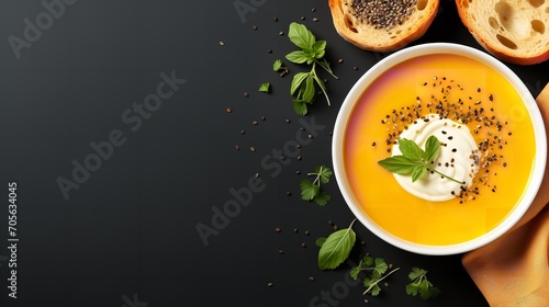 Healthy soup made with roasted butternut squash presented against a yellow backdrop, Generative AI. photo