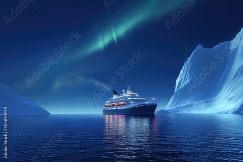 expedition cruise ship north pole cold ice berg northern lights in sky  photo