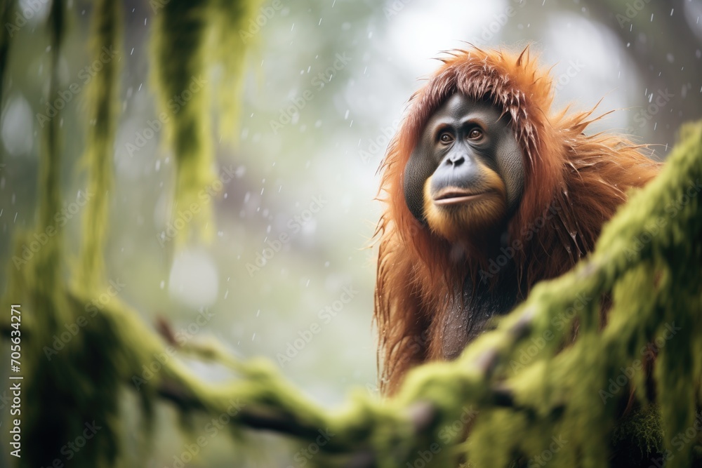 orangutan gazing at the rainforest from a treetop