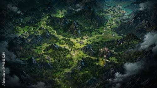 AI generated illustration of a map of a lush green terrain surrounded by rocky mountains