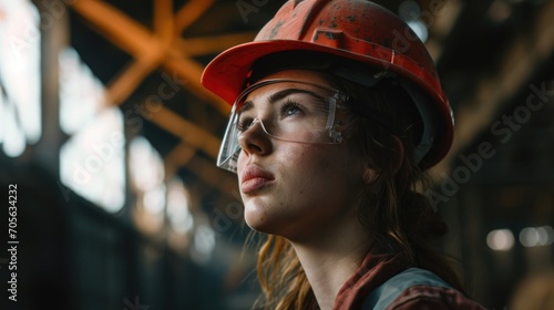 A woman wearing a hard hat and safety glasses. Suitable for construction and industrial themes