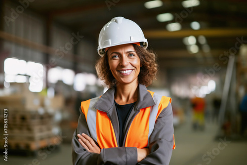 Middle-aged woman in hard hat stands against the background of a warehouse
