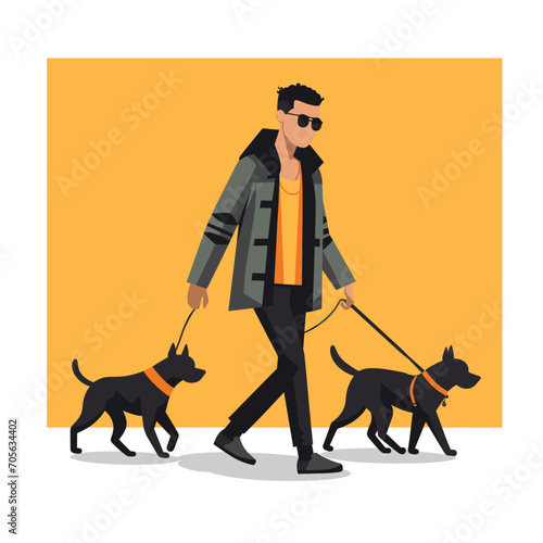 Stylish man walking two black dogs on leashes. Casual guy with sunglasses enjoys dog walking. Urban pet care and lifestyle vector illustration