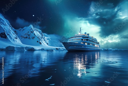expedition cruise ship north pole cold ice berg northern lights in sky  © Straxer