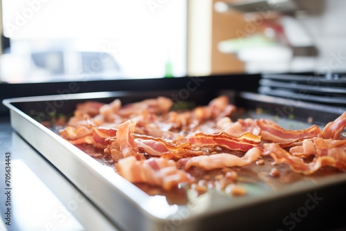frying bacon strips on a flat top stovetop in a commercial kitchen