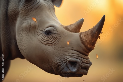 rhino with oxpeckers in golden hour light photo