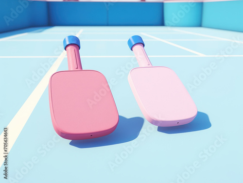 Twin pink pickleball paddles on a sunny blue court. photo