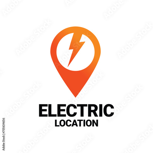 Electric Location Logo Sign Vector With Map Pointer Pin Icon. Geotag Point Icon With Electricity Symbol Vector Image.