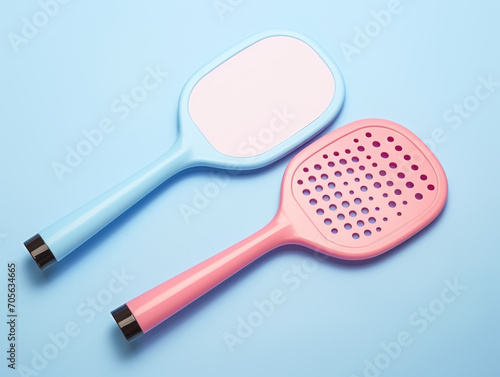 A pink and a blue pickleball paddle on a blue background.