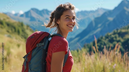 Chica joven senderista disfruta de un hermoso día de trekking en las montañas con mochila
 photo