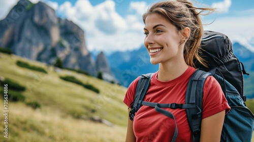 Mujer feliz haciendo senderismo en montañas durante el verano © David Martínez