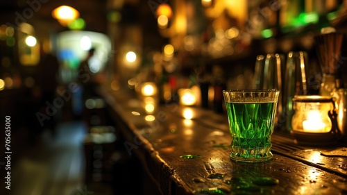 Green absinthe drink on a vintage bar counter with warm lighting