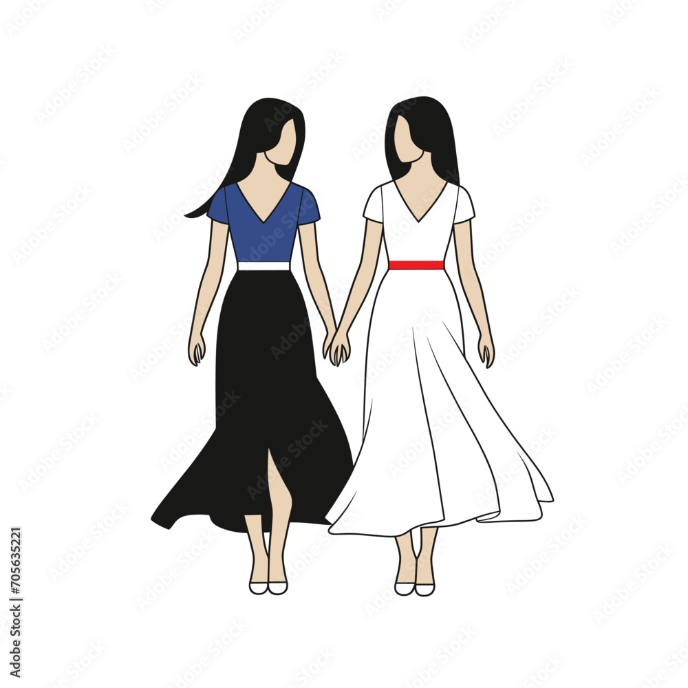 Two women walking together, one in black skirt and blue blouse, other in white dress. Friendship and diversity concept. Elegance and simplicity vector illustration. Two women walking together, one in black skirt and blue blouse, other in white dress. Friendship and diversity concept. Elegance and simplicity vector illustration.