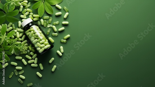 On a green backdrop, a bottle and a few dispersed moringa capsules with moringa leaves, Generative AI. photo