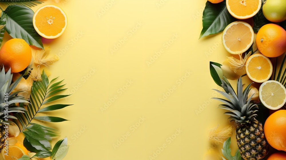 On a soft yellow backdrop, exotic fruits and tropical palm foliage, copy space, Generative AI.