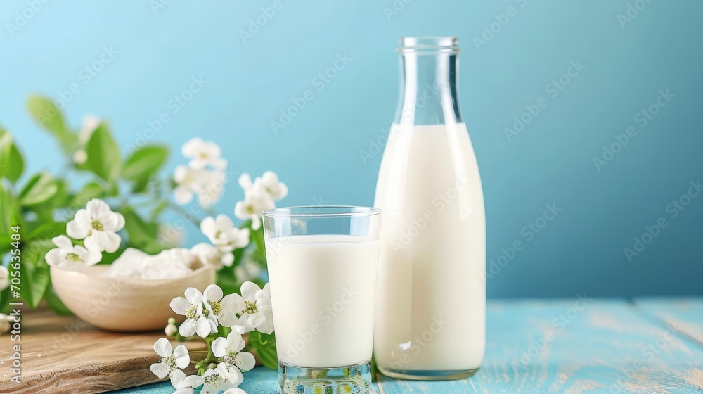 bottle of milk and glass of milk on a wooden table on a blue background 