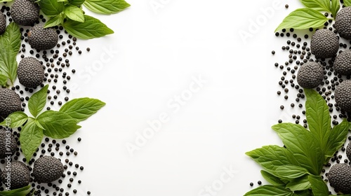On a white backdrop, chia seeds and chia plant leaves, top view, copy space, fresh, Generative AI.