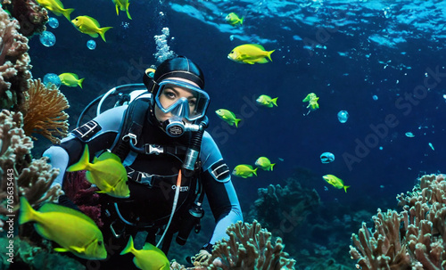 Young woman scuba diving in blue waters. 