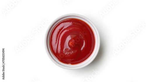 Bowl of ketchup or tomato sauce isolated on white background, top view 