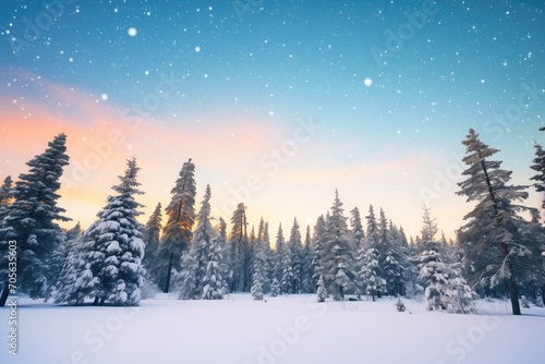 snow-covered pine trees under a star-filled sky