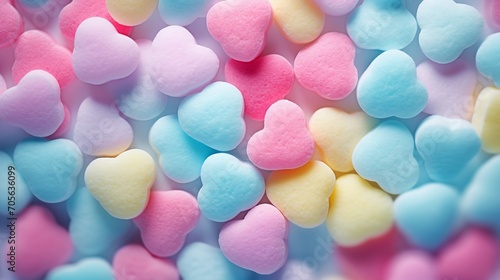 Pastel colored backdrop with colorful hearts cotton candy in a flat lay-top view, fluffy, Generative AI.