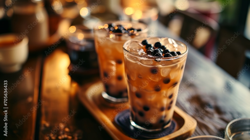 Bubble tea Asian sweet tapioca pearls drink on table of night cafe.