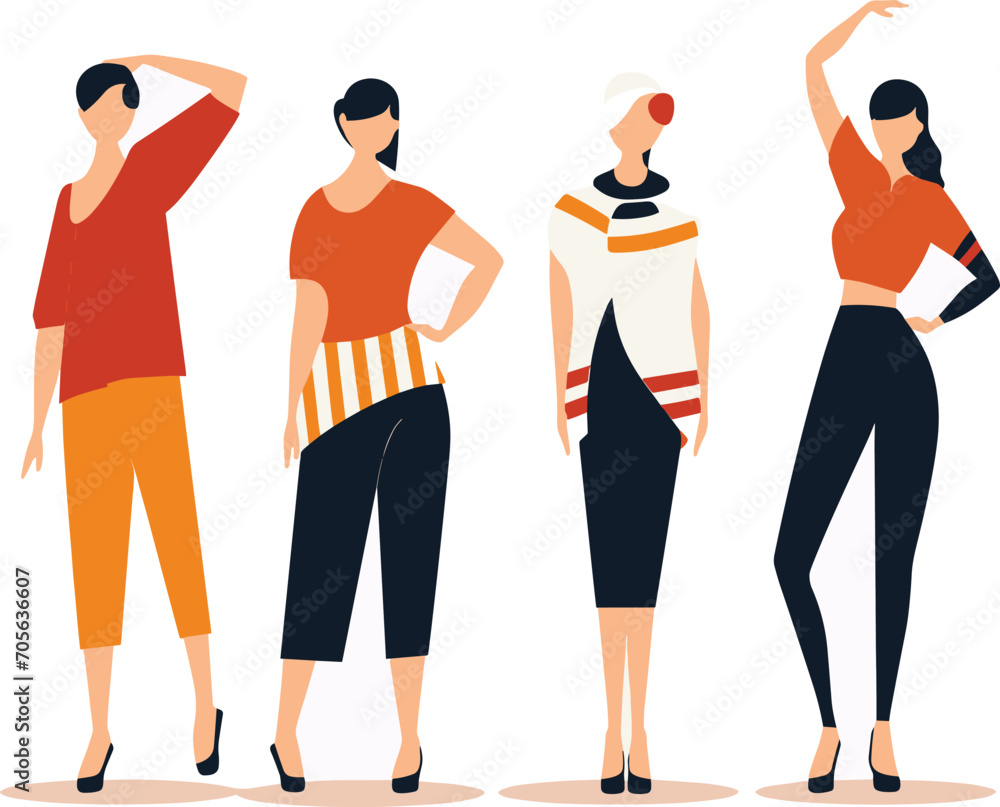 Obraz premium Four stylish women posing in modern casual and elegant fashion outfits. Group of diverse females showing different standing postures. Fashion diversity and female empowerment vector illustration.