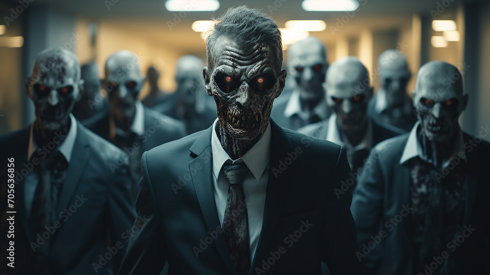 zombie apocalypse, zombie dressed as a businessman in a formal suit, hard work stress, workaholic concept, abstract fictional humor zombie apocalypse, zombie dressed as a businessman in a formal suit, hard work stress, workaholic concept, abstract fictional humor