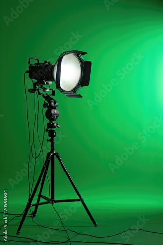 A camera and tripod are displayed on a vibrant green background. This image can be used for various photography-related projects