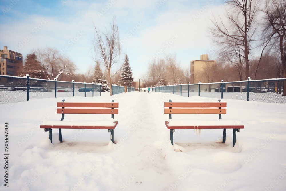 two empty snow-covered benches with footprints leading away