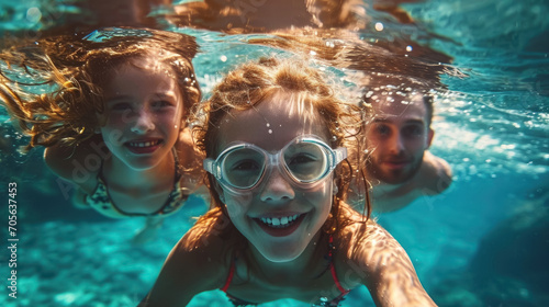Family with Father and daughters swimming underwater in the pool