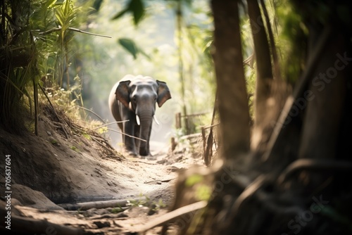 elephant casting a shadow on a jungle trail