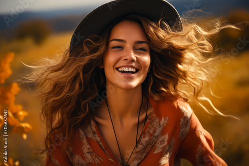 Woman with hat smiles and waves her hair.