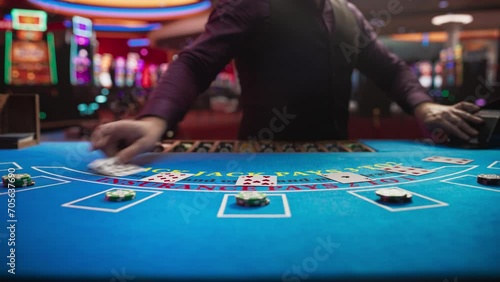 Casino Card Game Table: Professional Dealer Running a Blackjack Game. Anonymous Male Croupier Dealing Playing Cards for Placed Bets. Betting on Payout, Strategy and Luck. Zoom in Cinematic Shot photo