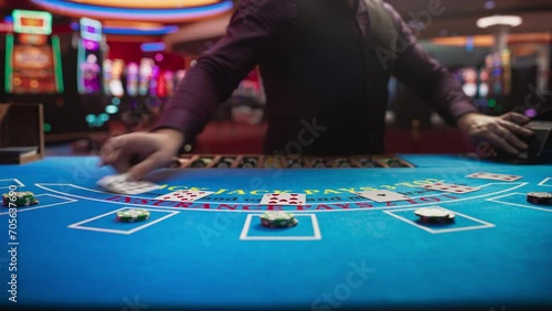 Casino Card Game Table: Professional Dealer Running a Blackjack Game. Anonymous Male Croupier Dealing Playing Cards for Placed Bets. Betting on Payout, Strategy and Luck. Zoom in Cinematic Shot