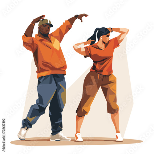 Multicultural dancers performing hip-hop moves. African American man and Asian woman street dance duo. Urban dance culture and dynamic performance vector illustration.