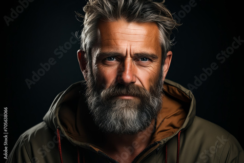 Man with beard and jacket on is looking at the camera. © valentyn640