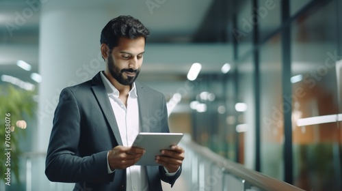 Project manager, a busy Indian businessman, enters the workplace while clutching a digital tablet, Generative AI.