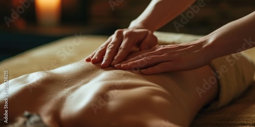 A man is shown receiving a relaxing back massage at a spa. This image can be used to depict relaxation and self-care at a spa or wellness center photo