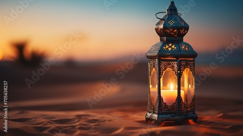 Ramadan lamps in the sand at dusk in the desert  Generative AI.